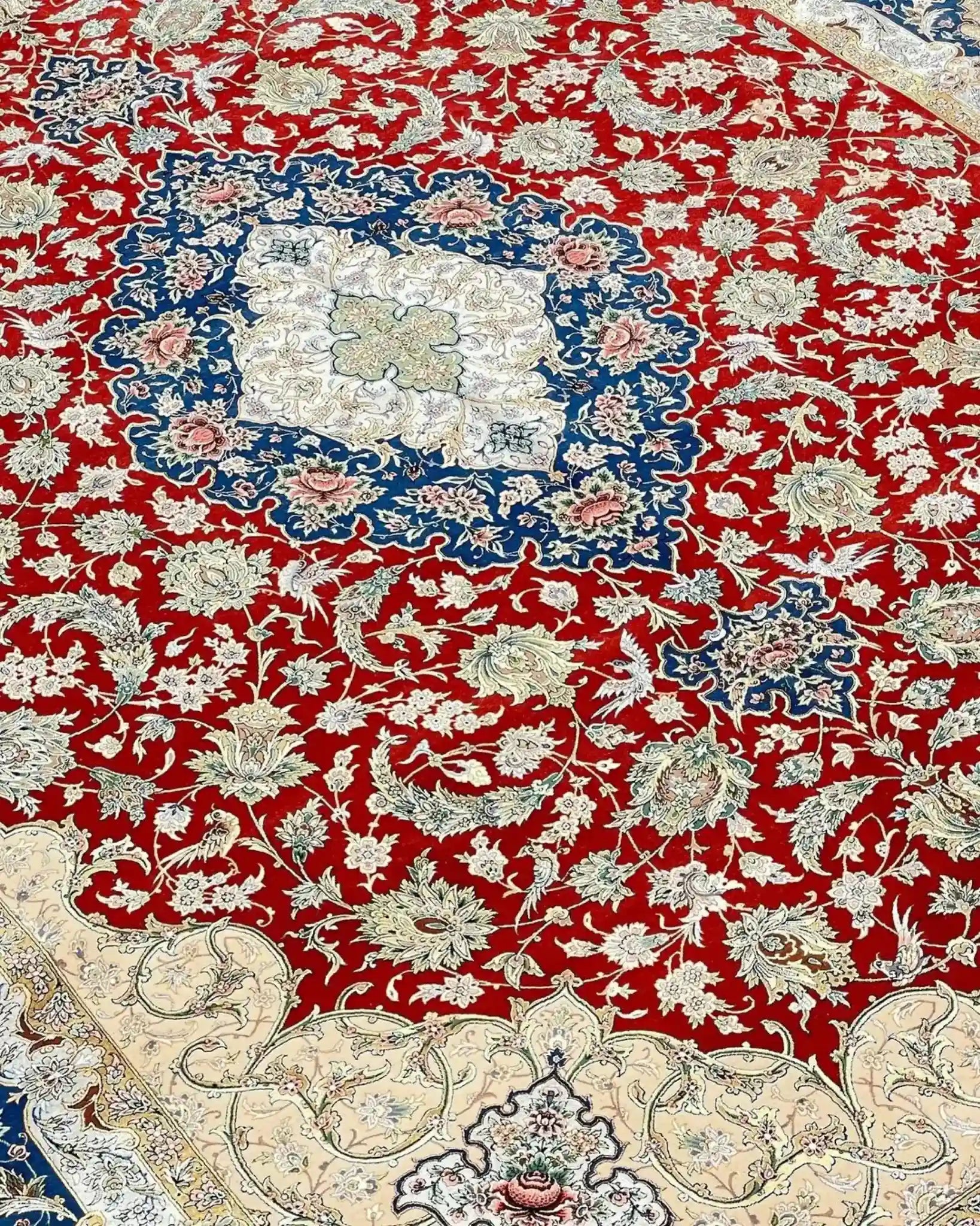 "Intricate Red Persian Rug with Silk and Wool Blend, Hand-knotted in Isfahan, Iran"